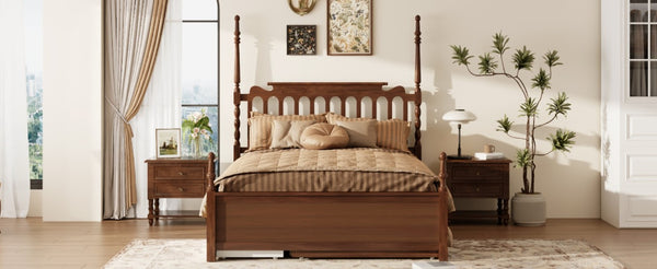 English Elm Queen Platform Bed Spindle Headboard with Trundle and Two Under Storage Drawers Walnut N820S00092D