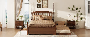 English Elm Queen Platform Bed Spindle Headboard with Trundle and Two Under Storage Drawers Walnut N820S00092D