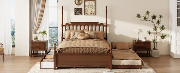 English Elm Queen Platform Bed Spindle Headboard with Trundle and Two Under Storage Drawers Walnut N820S00092D