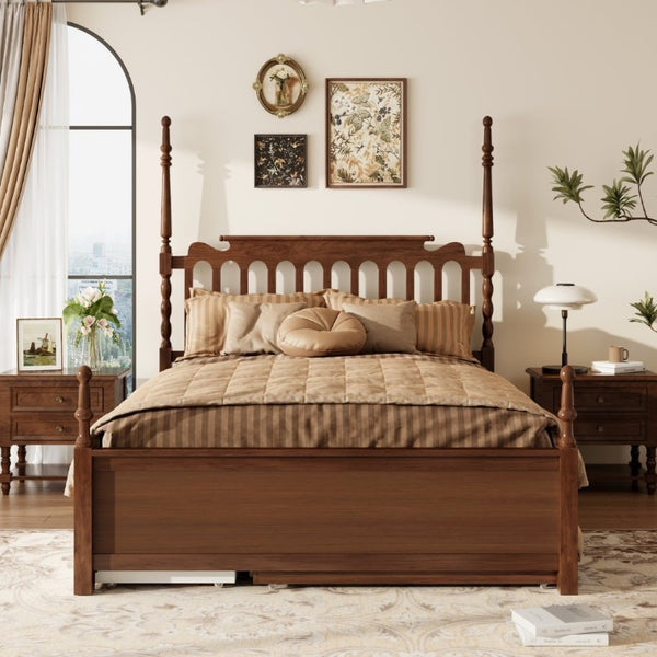 English Elm Queen Platform Bed Spindle Headboard with Trundle and Two Under Storage Drawers Walnut N820S00092D