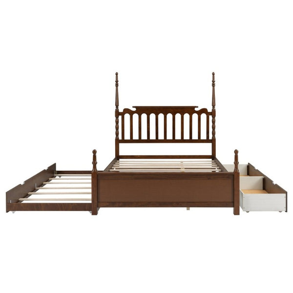 English Elm Queen Platform Bed Spindle Headboard with Trundle and Two Under Storage Drawers Walnut N820S00092D