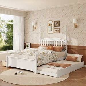 English Elm Queen Platform Bed Spindle Headboard with Trundle and Two Under Storage Drawers White N820S00092K