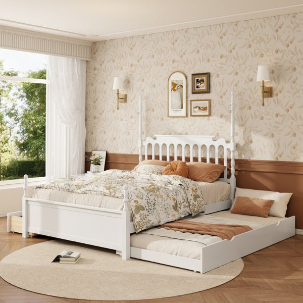 English Elm Queen Platform Bed Spindle Headboard with Trundle and Two Under Storage Drawers White N820S00092K