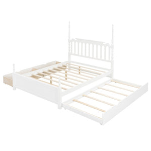 English Elm Queen Platform Bed Spindle Headboard with Trundle and Two Under Storage Drawers White N820S00092K