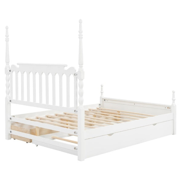English Elm Queen Platform Bed Spindle Headboard with Trundle and Two Under Storage Drawers White N820S00092K