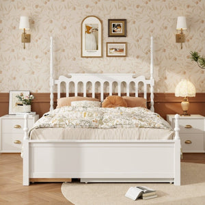 English Elm Queen Platform Bed Spindle Headboard with Trundle and Two Under Storage Drawers White N820S00092K