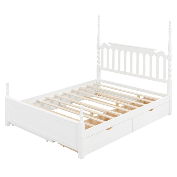 English Elm Queen Platform Bed Spindle Headboard with Trundle and Two Under Storage Drawers White N820S00092K