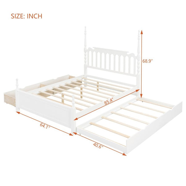 English Elm Queen Platform Bed Spindle Headboard with Trundle and Two Under Storage Drawers White N820S00092K
