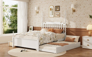 English Elm Queen Platform Bed Spindle Headboard with Trundle and Two Under Storage Drawers White N820S00092K