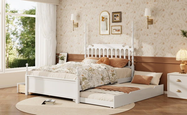 English Elm Queen Platform Bed Spindle Headboard with Trundle and Two Under Storage Drawers White N820S00092K