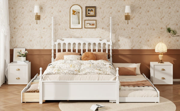English Elm Queen Platform Bed Spindle Headboard with Trundle and Two Under Storage Drawers White N820S00092K