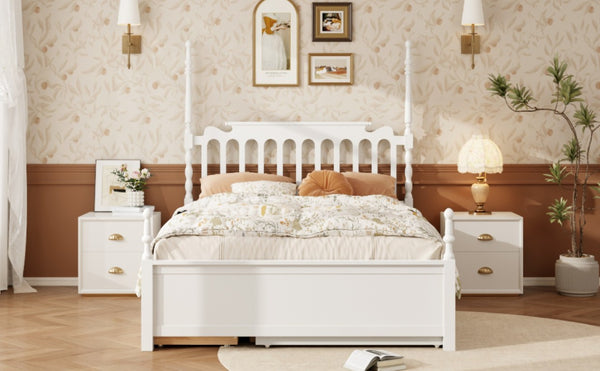 English Elm Queen Platform Bed Spindle Headboard with Trundle and Two Under Storage Drawers White N820S00092K