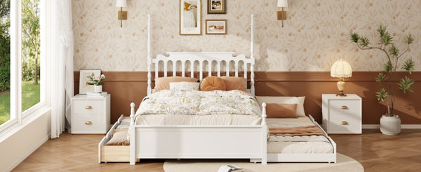 English Elm Queen Platform Bed Spindle Headboard with Trundle and Two Under Storage Drawers White N820S00092K