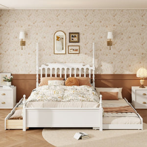 English Elm Queen Platform Bed Spindle Headboard with Trundle and Two Under Storage Drawers White N820S00092K