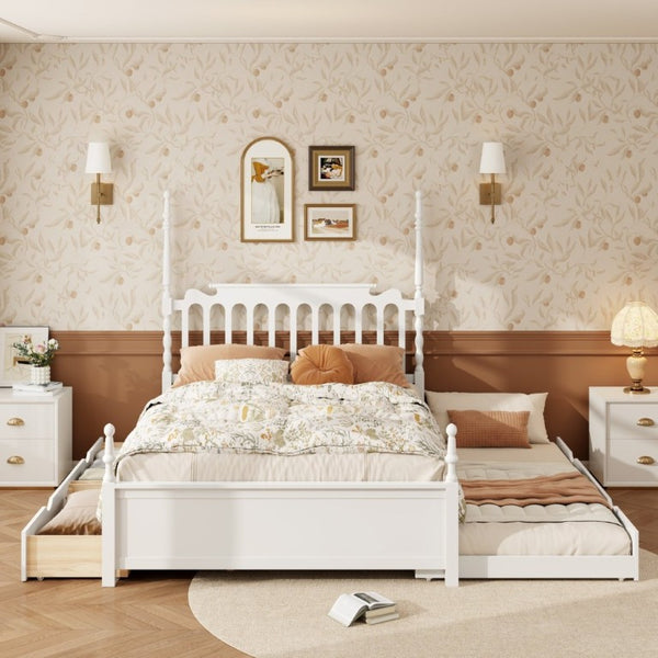 English Elm Queen Platform Bed Spindle Headboard with Trundle and Two Under Storage Drawers White N820S00092K