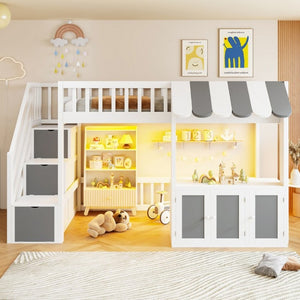 English Elm Twin Playhouse Loft Bed with LED Lighting Storage Steps and Under Cabin Cabinets White+Gray N820S00093E