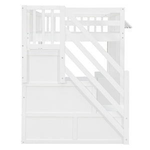 English Elm Twin Playhouse Loft Bed with LED Lighting Storage Steps and Under Cabin Cabinets White+Gray N820S00093E