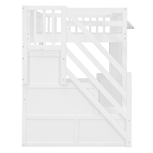 English Elm Twin Playhouse Loft Bed with LED Lighting Storage Steps and Under Cabin Cabinets White+Gray N820S00093E