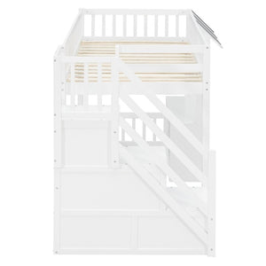 English Elm Twin Playhouse Loft Bed with LED Lighting Storage Steps and Under Cabin Cabinets White+Gray N820S00093E