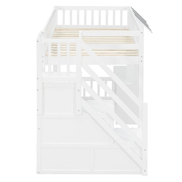 English Elm Twin Playhouse Loft Bed with LED Lighting Storage Steps and Under Cabin Cabinets White+Gray N820S00093E
