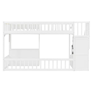 English Elm Twin Playhouse Loft Bed with LED Lighting Storage Steps and Under Cabin Cabinets White+Gray N820S00093E