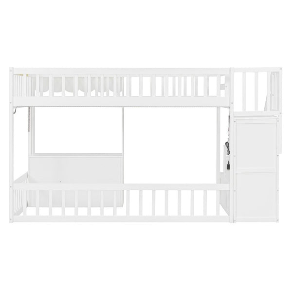 English Elm Twin Playhouse Loft Bed with LED Lighting Storage Steps and Under Cabin Cabinets White+Gray N820S00093E