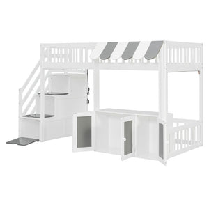 English Elm Twin Playhouse Loft Bed with LED Lighting Storage Steps and Under Cabin Cabinets White+Gray N820S00093E