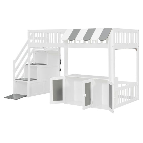English Elm Twin Playhouse Loft Bed with LED Lighting Storage Steps and Under Cabin Cabinets White+Gray N820S00093E