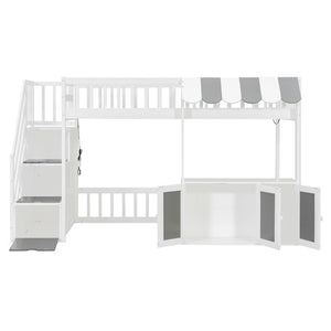 English Elm Twin Playhouse Loft Bed with LED Lighting Storage Steps and Under Cabin Cabinets White+Gray N820S00093E