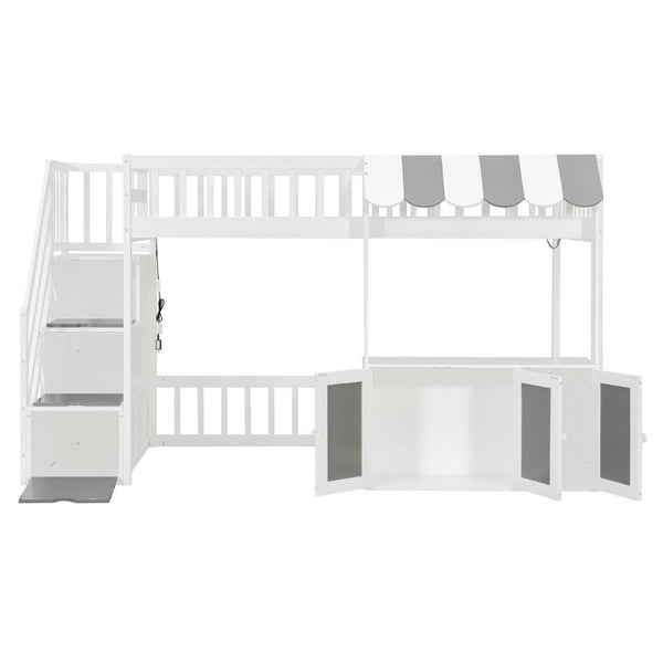 English Elm Twin Playhouse Loft Bed with LED Lighting Storage Steps and Under Cabin Cabinets White+Gray N820S00093E