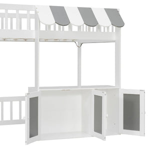 English Elm Twin Playhouse Loft Bed with LED Lighting Storage Steps and Under Cabin Cabinets White+Gray N820S00093E