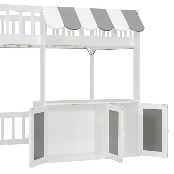 English Elm Twin Playhouse Loft Bed with LED Lighting Storage Steps and Under Cabin Cabinets White+Gray N820S00093E