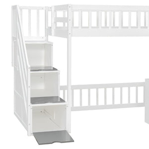 English Elm Twin Playhouse Loft Bed with LED Lighting Storage Steps and Under Cabin Cabinets White+Gray N820S00093E