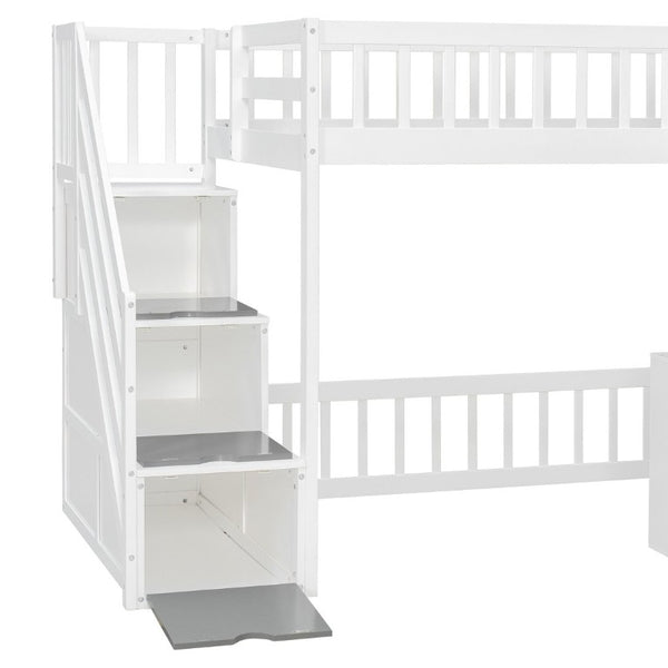 English Elm Twin Playhouse Loft Bed with LED Lighting Storage Steps and Under Cabin Cabinets White+Gray N820S00093E
