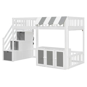 English Elm Twin Playhouse Loft Bed with LED Lighting Storage Steps and Under Cabin Cabinets White+Gray N820S00093E