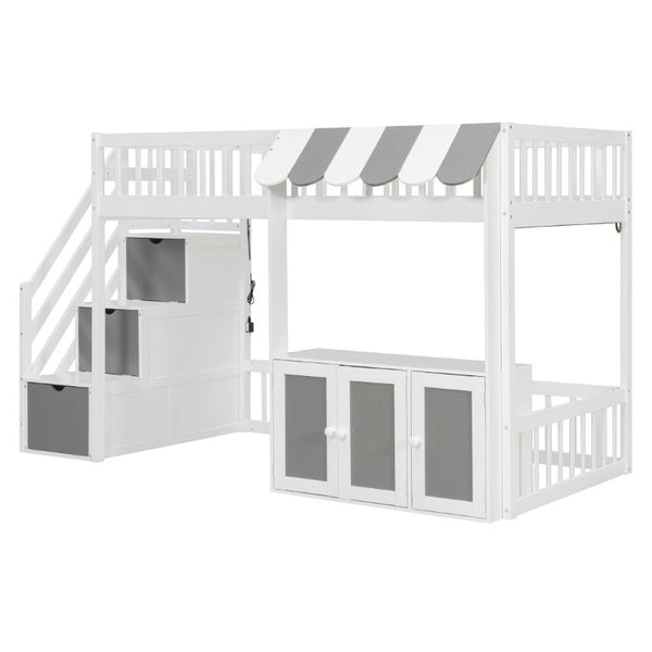 English Elm Twin Playhouse Loft Bed with LED Lighting Storage Steps and Under Cabin Cabinets White+Gray N820S00093E