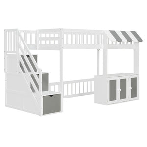 English Elm Twin Playhouse Loft Bed with LED Lighting Storage Steps and Under Cabin Cabinets White+Gray N820S00093E