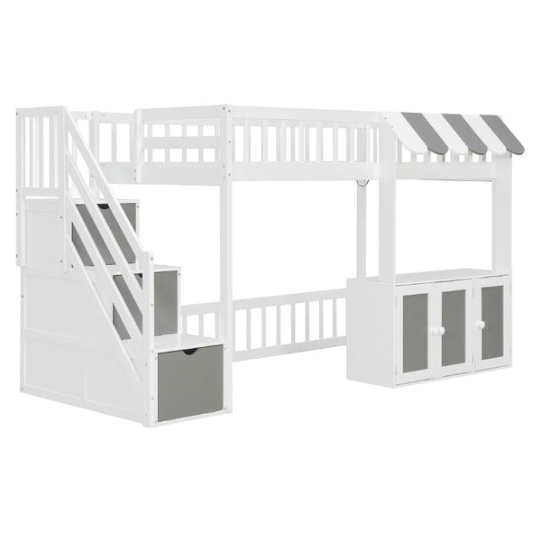 English Elm Twin Playhouse Loft Bed with LED Lighting Storage Steps and Under Cabin Cabinets White+Gray N820S00093E