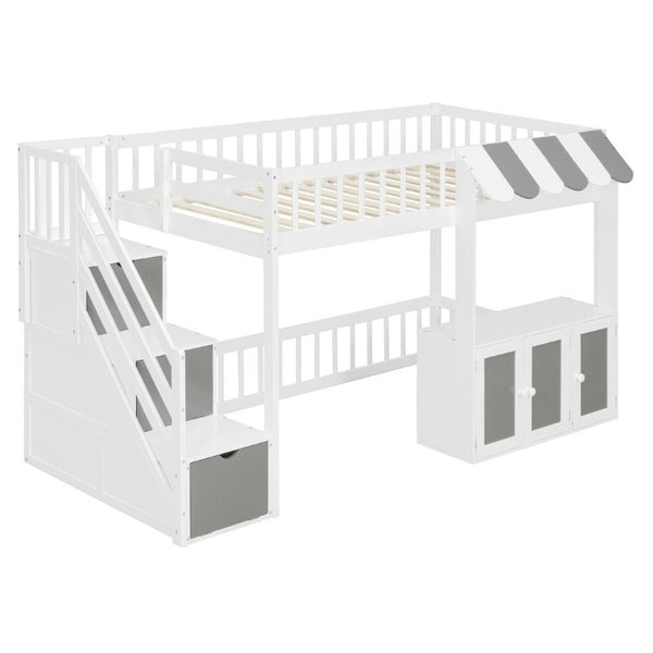 English Elm Twin Playhouse Loft Bed with LED Lighting Storage Steps and Under Cabin Cabinets White+Gray N820S00093E