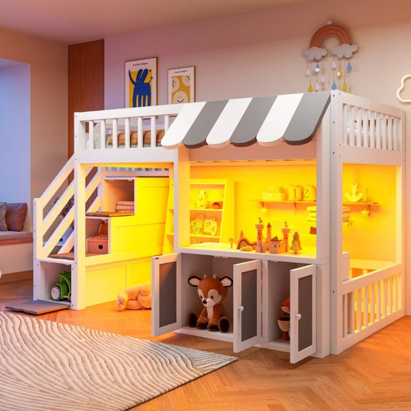 English Elm Twin Playhouse Loft Bed with LED Lighting Storage Steps and Under Cabin Cabinets White+Gray N820S00093E