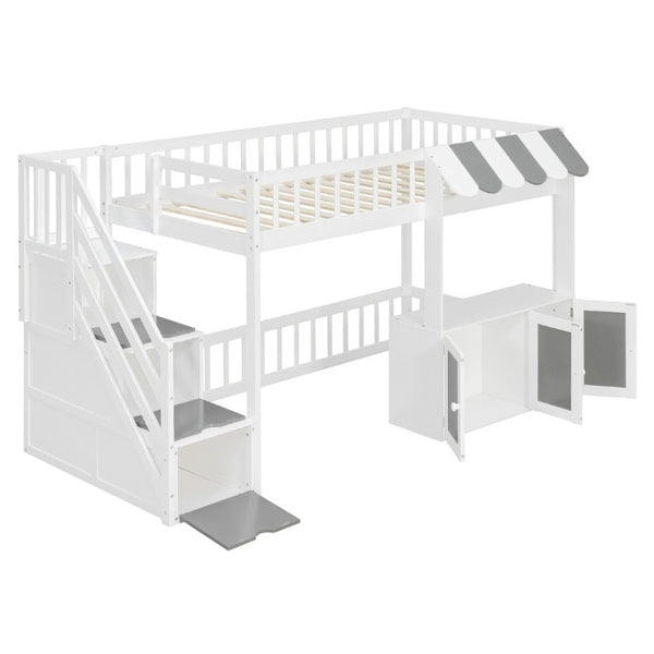English Elm Twin Playhouse Loft Bed with LED Lighting Storage Steps and Under Cabin Cabinets White+Gray N820S00093E
