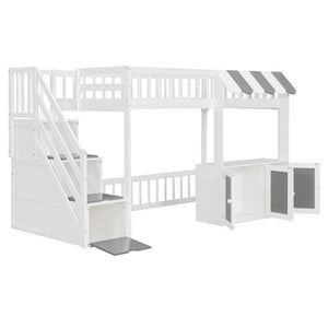 English Elm Twin Playhouse Loft Bed with LED Lighting Storage Steps and Under Cabin Cabinets White+Gray N820S00093E