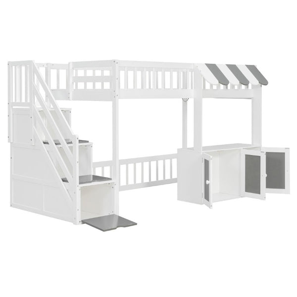 English Elm Twin Playhouse Loft Bed with LED Lighting Storage Steps and Under Cabin Cabinets White+Gray N820S00093E