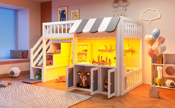 English Elm Twin Playhouse Loft Bed with LED Lighting Storage Steps and Under Cabin Cabinets White+Gray N820S00093E