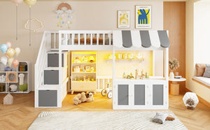 English Elm Twin Playhouse Loft Bed with LED Lighting Storage Steps and Under Cabin Cabinets White+Gray N820S00093E