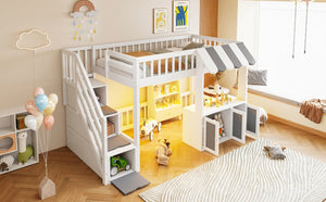 English Elm Twin Playhouse Loft Bed with LED Lighting Storage Steps and Under Cabin Cabinets White+Gray N820S00093E