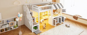 English Elm Twin Playhouse Loft Bed with LED Lighting Storage Steps and Under Cabin Cabinets White+Gray N820S00093E