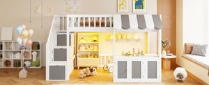 English Elm Twin Playhouse Loft Bed with LED Lighting Storage Steps and Under Cabin Cabinets White+Gray N820S00093E