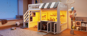 English Elm Twin Playhouse Loft Bed with LED Lighting Storage Steps and Under Cabin Cabinets White+Gray N820S00093E