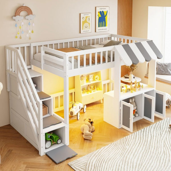 English Elm Twin Playhouse Loft Bed with LED Lighting Storage Steps and Under Cabin Cabinets White+Gray N820S00093E